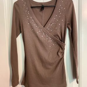 Brown rhinestone embellished long sleeve Tee